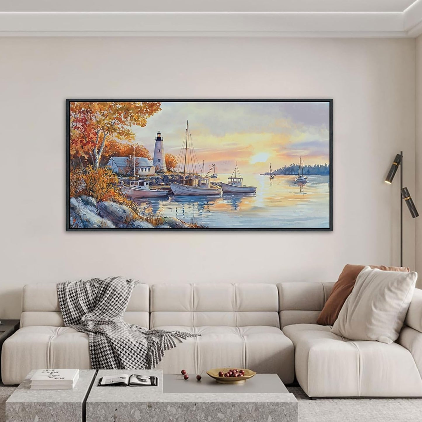 QZQCBLC Sunset Landscape Wall Art, Sea Harbor Lighthouse Ink Paintings Framed Artwork Homeward-bound Boat Soft Tone Wall Pictures for Living room Bedroom Bathroom Home Office Decor 20x40 IN
