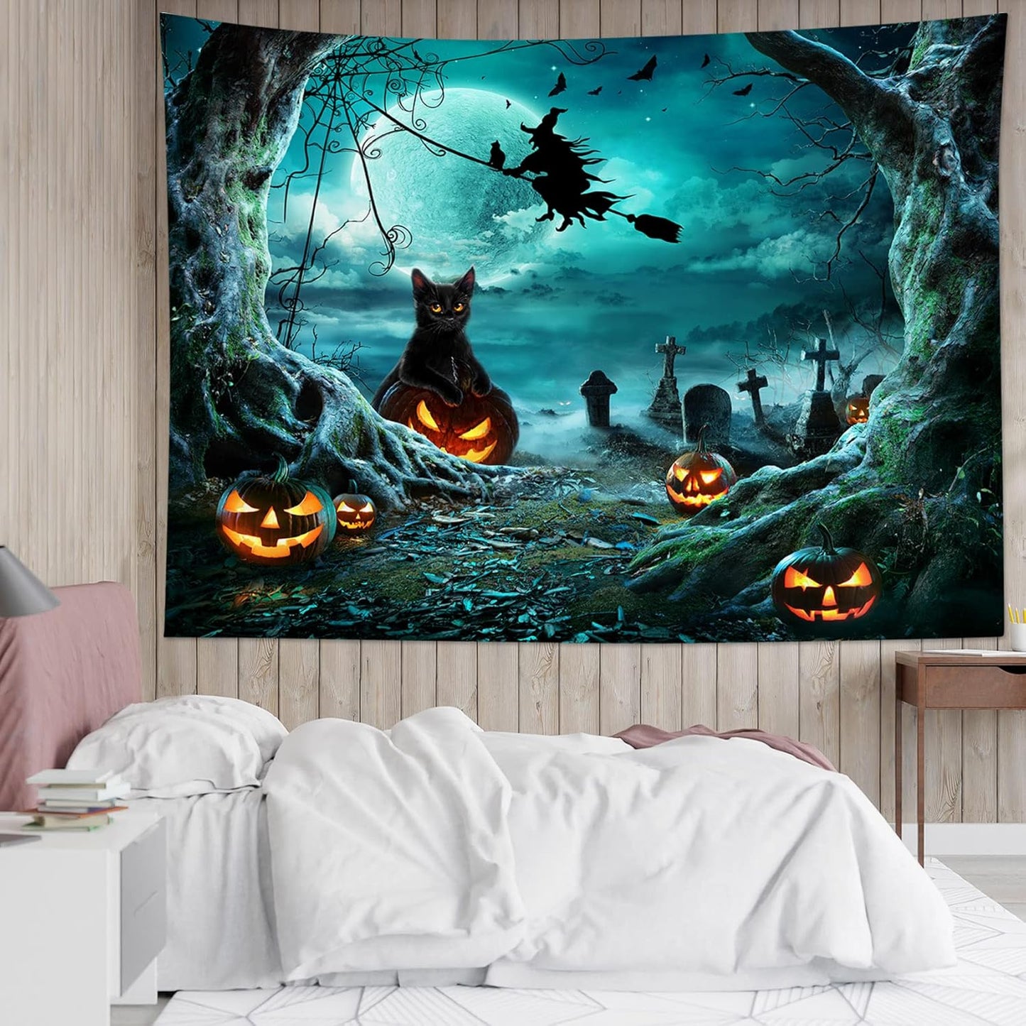 LB Teal Halloween Witch Tapestry Horror Black Cat Dead Tree in Graveyard Full Moon Night Tapestry Wall Art Spooky Pumpkin Wall Decor for Bedroom Living Room Dorm Holiday Party Decor 60x40 Inch