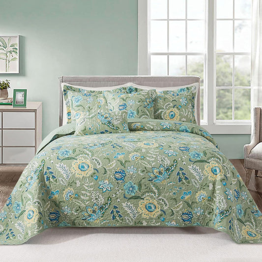 VAPUTAR Queen Quilt Bedding Set - Cotton Bedspreads Queen Size (90 x 98 inch) with Floral Pattern, Farmhouse Lightweight Queen Size Quilt Suitable for All Season（3 Pieces, Olive Green）