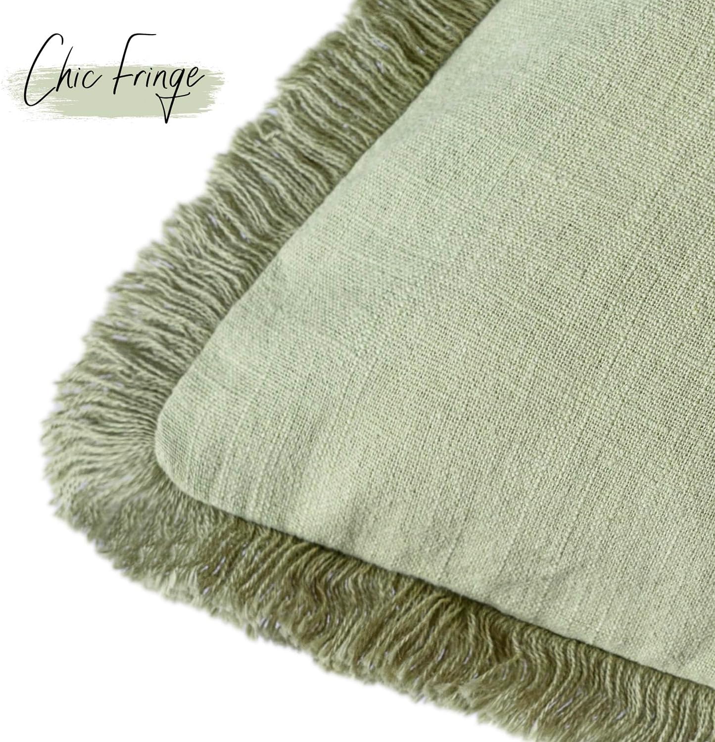 Foindtower Set of 2 Decorative Linen Fringe Throw Pillow Covers Boho Farmhouse Cushion Cover with Tassels Soft Accent Pillowcase for Couch Sofa Bed Living Room Home Decor,22×22 Inch,Light Sage Green