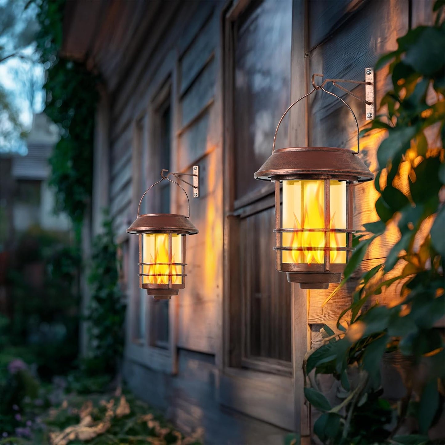 Otdair Solar Wall Lantern Outdoor, Flickering Flames Solar Sconce Lights Outdoor, Hanging Lamps Wall Mount for Front Porch, Patio and Yard, 2 Pack, Bronze