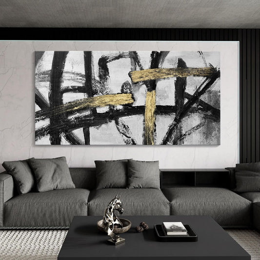 Abstract Living Room Wall Art - Large Black and White Gold Abstract Lines Bedroom Wall Decor Ink Dancing Canvas Prints Paintings for Dining Room Office Room Home Decor 29x58IN