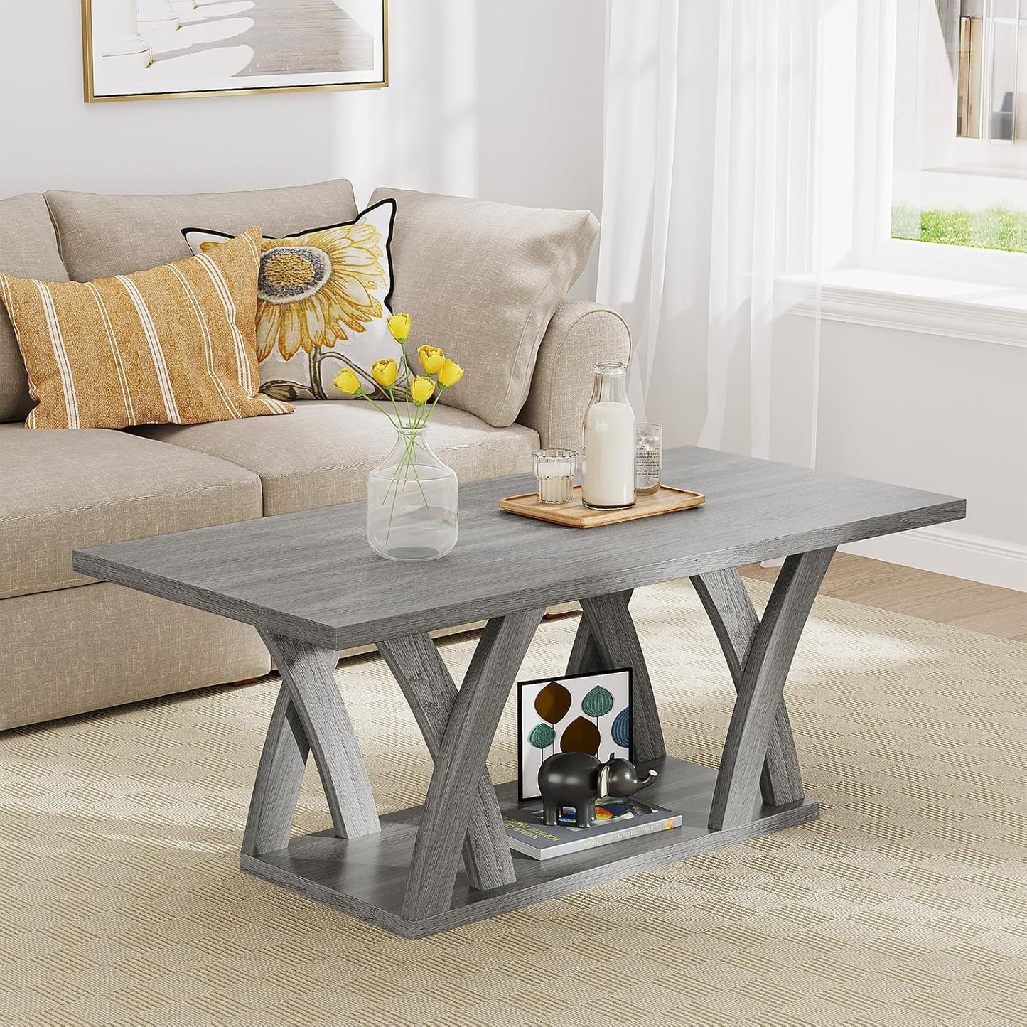 47” Wood Coffee Tables for Living Room Rustic Stands with Storage Shelf Grey Coffee Tables for Living Room Farmhouse Center Stands with Shelf Farmhouse Rectangle Center Table