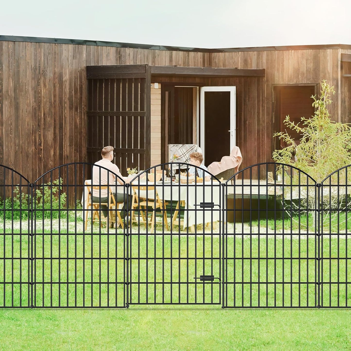 Metal Garden Fence with Gate 42in (H) x 23.3ft (L), 1 Gate+ 9 Panels Dog Fence Border Fence Animal Barrier, No Dig Garden Fencing for Yard Flower Bed Lawn Patio Outdoor, ECG4210, Black