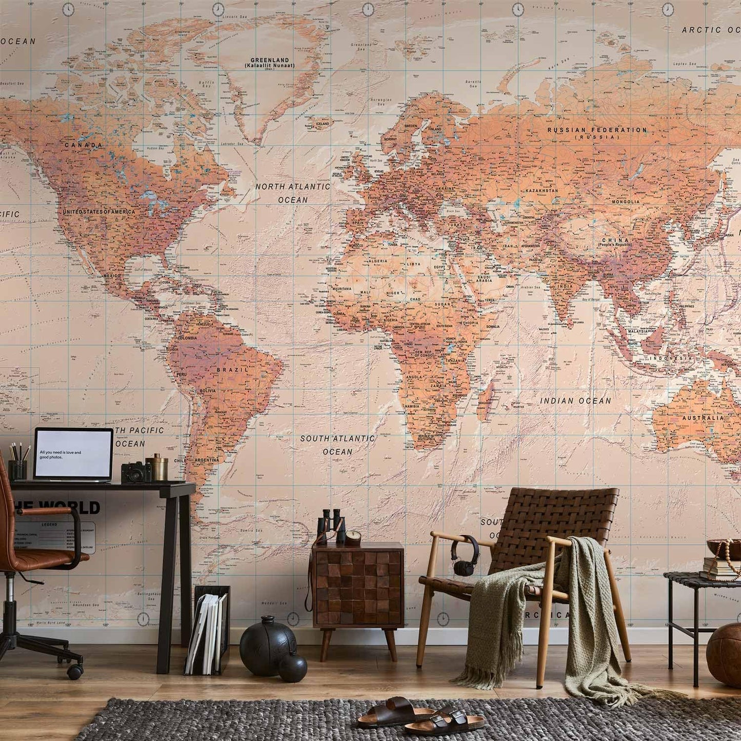 artgeist Premium Wall Mural World Map 177x124 in - XXL Non-Woven Wallpaper Fleece Wall Decor Photo Print Picture Image Design Home Map of The World k-A-0091-a-c