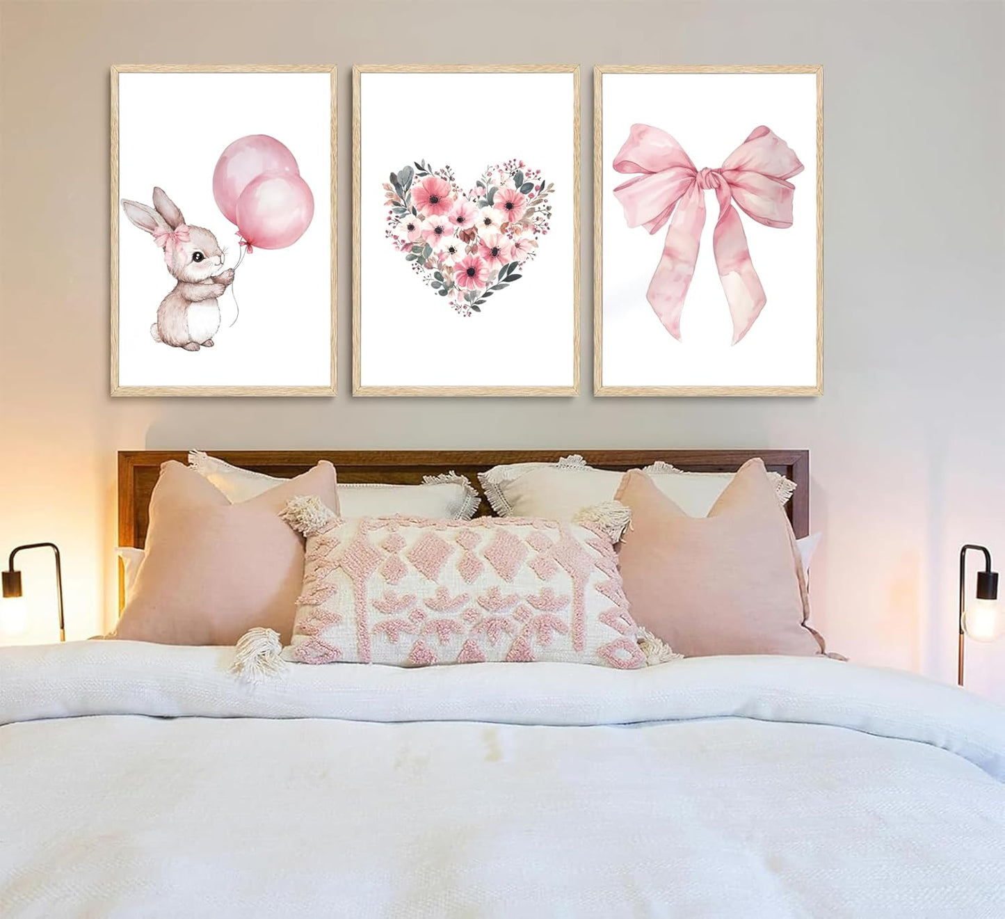 3Pcs Cute Bunny Canvas Wall Art Pink Bow Easter Poster Prints Love Wildflowers Picture Decoration for Nursery Girl Bedroom Children's Room Easter Gifts for Kids Unframed
