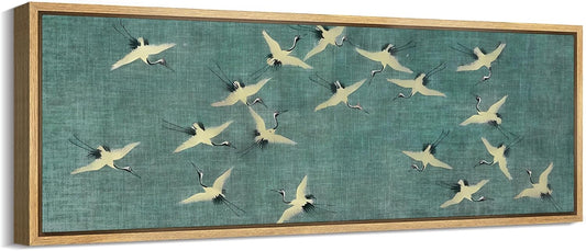 MUDECOR Large Framed Canvas Print Wall Art Serene Skies White Birds in Flight on Teal Antique Retro Fine Art Illustrations Decorative Colorful for Bedroom - 60"x20"