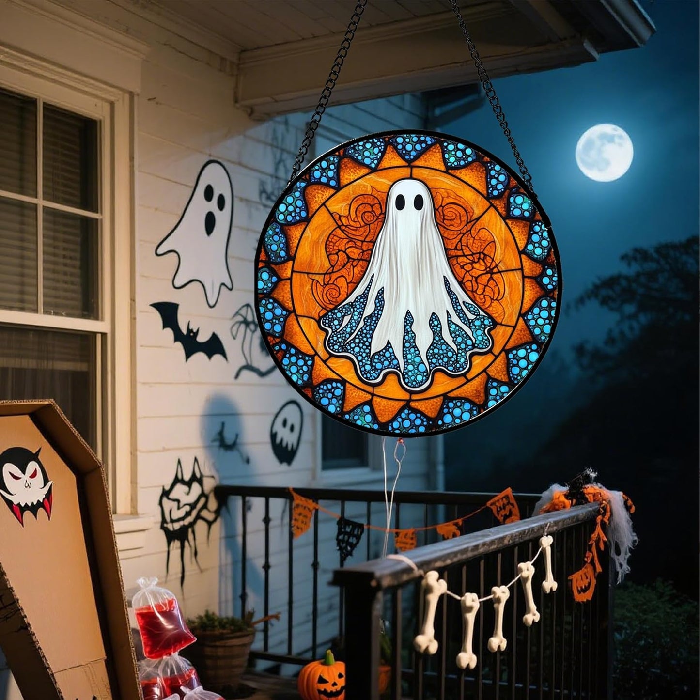 Stained Glass Window Hanging - Halloween Decorations White Ghost Suncatcher for Doors Garden Indoor Spooky Funny Blue Sun Catchers Gothic Decor Horror Gifts for Women Men Friend 6.3 in