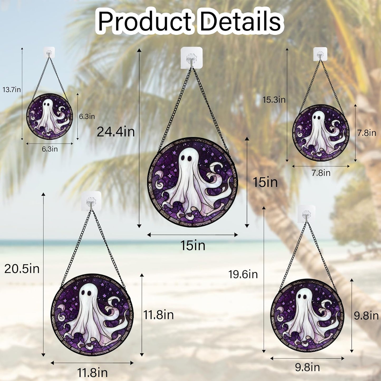 Stained Glass Window Hanging - Halloween Decorations White Ghost Purple Stars Suncatcher for Doors Garden Spooky Funny Sun Catchers Gothic Decor Horror Gifts for Women Men Friend 11.8 in