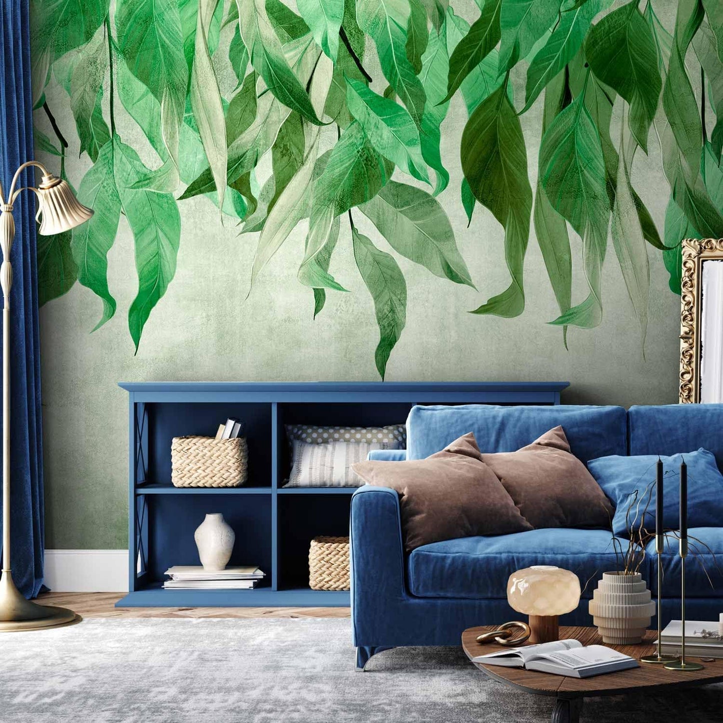 artgeist Premium Wall Mural Hanging Leaves 98x69 in - Non-Woven Wallpaper Fleece Wall Decor Photo Print Picture Image Design Nature Botanical Concrete Green Like Painted b-C-10146-a-a