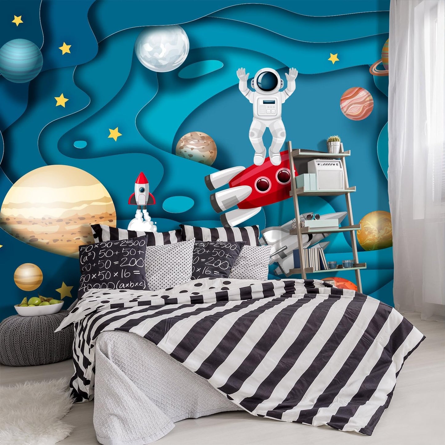 -Kindergarten Children Galactic Planet Fabric Wallpaper Living Room Bedroom Boys Girls Children Cartoon Astronauts Large Mural- 137"x96"（ not Peel and Stick）