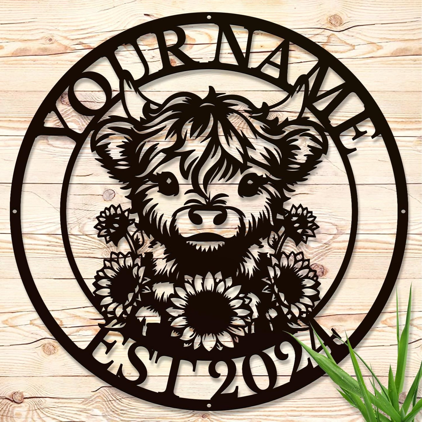 Personalized Highland Cow Name metal Signs,Custom Highland Cow Metal Shed Wall Decor,Black Metal Wall Art Plaques Outdoor wall Decorative Signage (Style E)