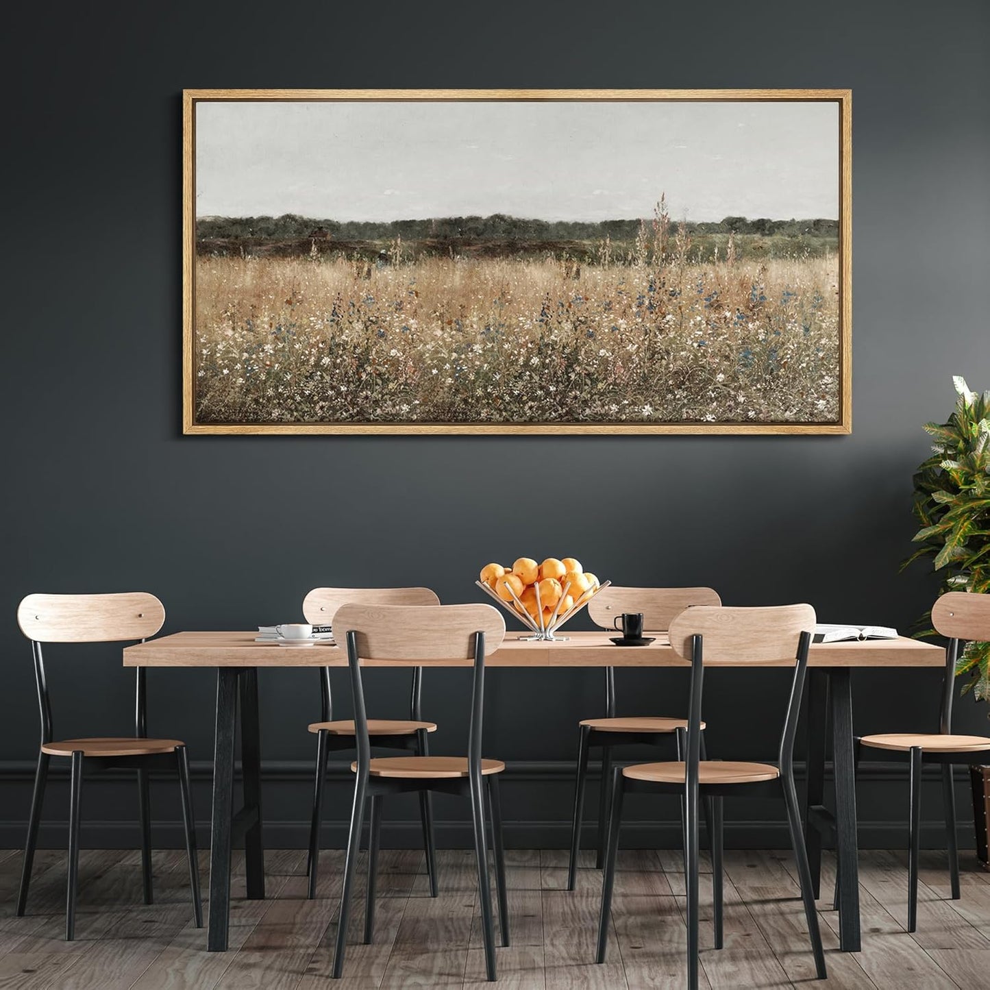 MUDECOR Extra Large Framed Canvas Print Wall Art Misty Morning Meadow with Wildflowers Antique Retro Fine Art Illustrations Decorative Colorful for Bedroom - 60"x30"