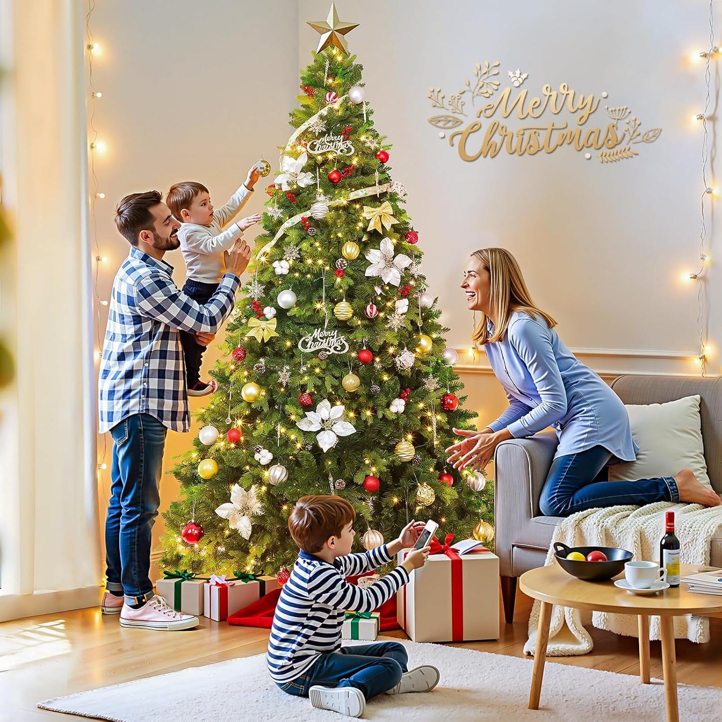 9FT Pre-Lit Christmas Tree with Remote Control, Multi-Color LED Lights, Musical Rotating Christmas Tree Stand, Easy Assembly in 3 Sections, Foldable Metal Stand for Home Holiday Decor