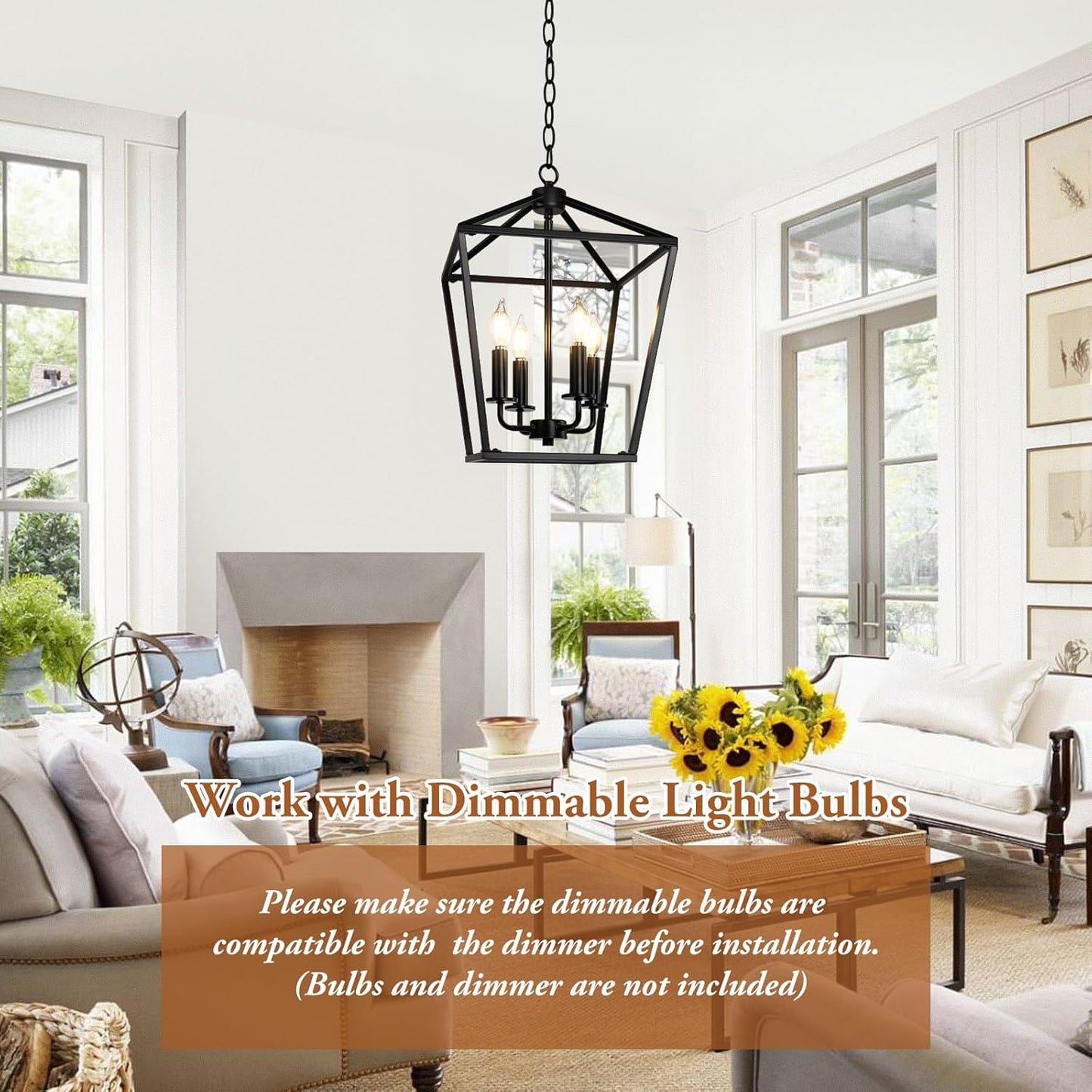 Farmhouse Chandelier 4-Light, Black Pendant Light Fixture for Kitchen Island Dining Room, Lantern Industrial Lighting Ceiling Hanging with Metal Cage Adjustable Height for Entryway Foyer