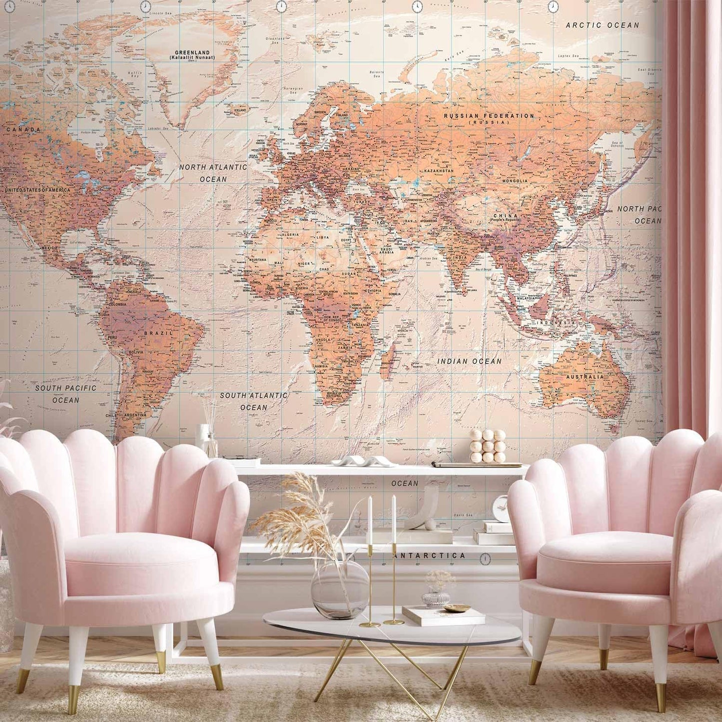 artgeist Premium Wall Mural World Map 177x124 in - XXL Non-Woven Wallpaper Fleece Wall Decor Photo Print Picture Image Design Home Map of The World k-A-0091-a-c