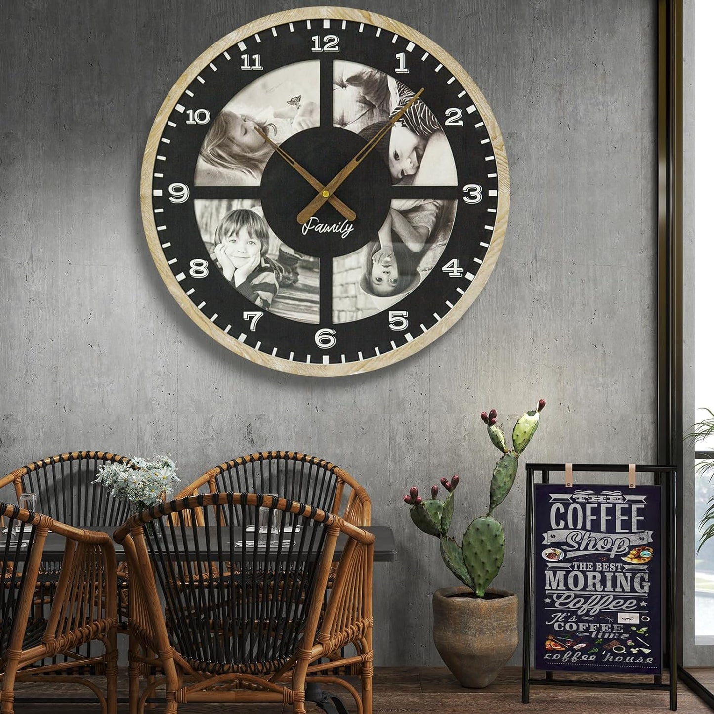 4 Photo Collage Wall Clock-24 Inch Large picture frame clock for Living Room Decor,Modern Big Wall Watch Battery Operated Decorative Clock with Personalized Frames for office ,living room,bedroom