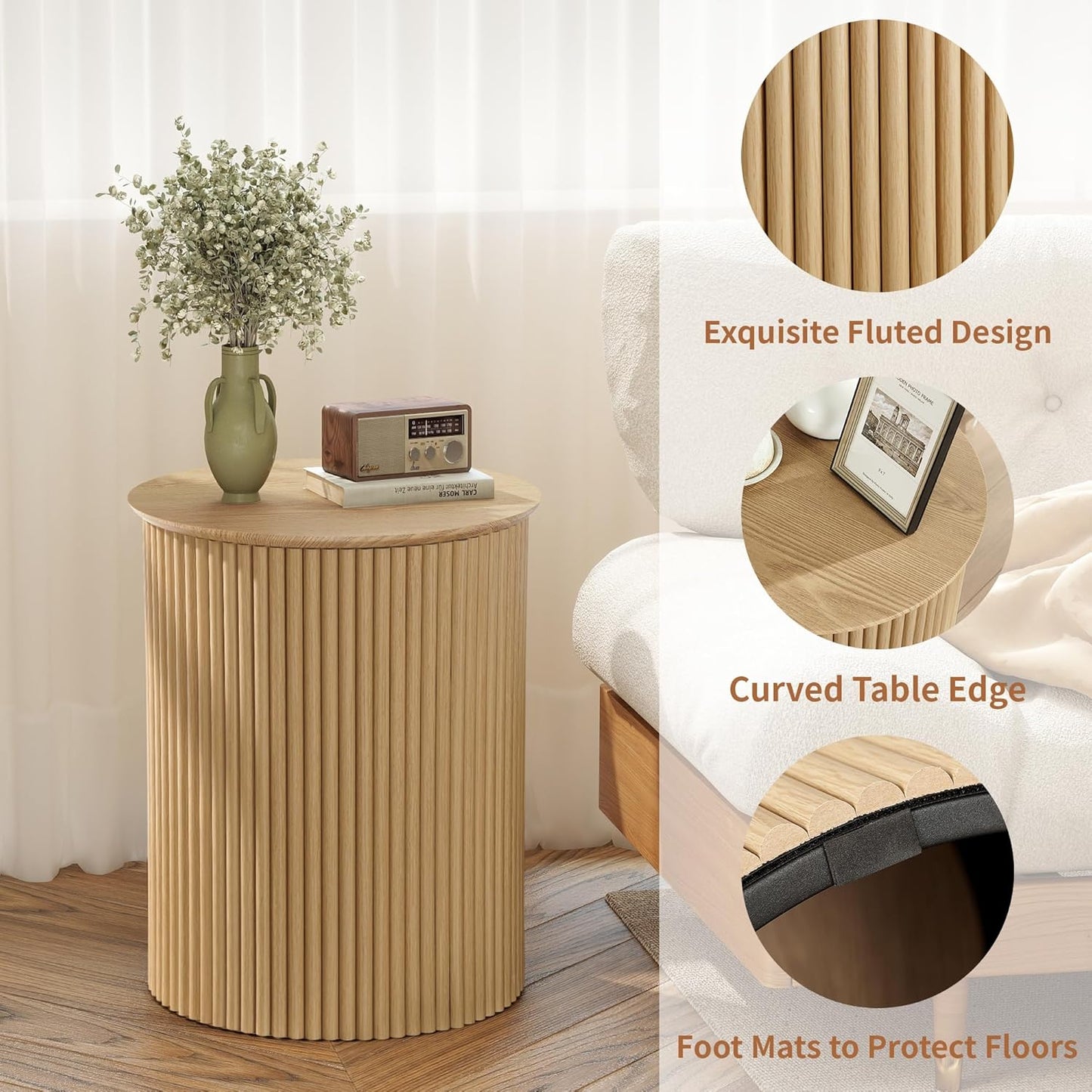 AVZEAR Fluted Round Side Table, Small End Table Modern Boho Nightstands, Circle Bedside Tables Bohemian Accent Table Wood Night Stand for Small Spaces, Living Room, Bedroom(Natural)