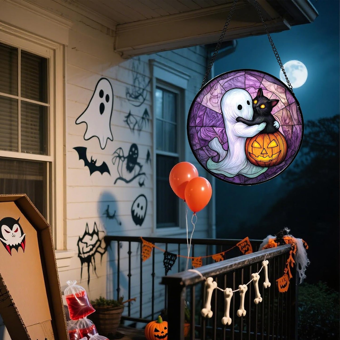 Stained Glass Window Hanging - Halloween Decorations Ghost Black Cat Pumpkin Suncatcher for Door Garden Spooky Purple Sun Catchers Gothic Decor Horror Gifts for Women Men Friend Boy 15 in