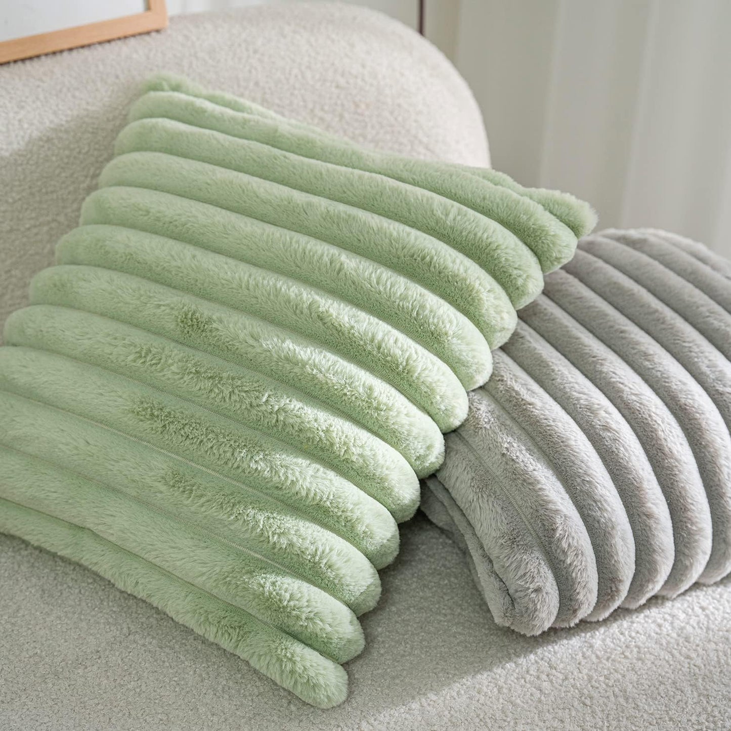 DEELAND Pack of 2,Double-Sided Faux Fur Plush Decorative Throw Pillow Covers Fuzzy Striped Soft Pillowcase Cushion Covers for Sofa Couch Bedroom Lightgrey 12x20 inch