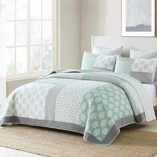 PANGUSHAN Quilt Set Queen Size, 100% Cotton Bedspread Quilt Bedding Set, Patchwork Reversible Floral Quilt for Queen Bed, Green/Grey/White Bed Spread, Lightweight Comforter for All Season, 3 Pieces