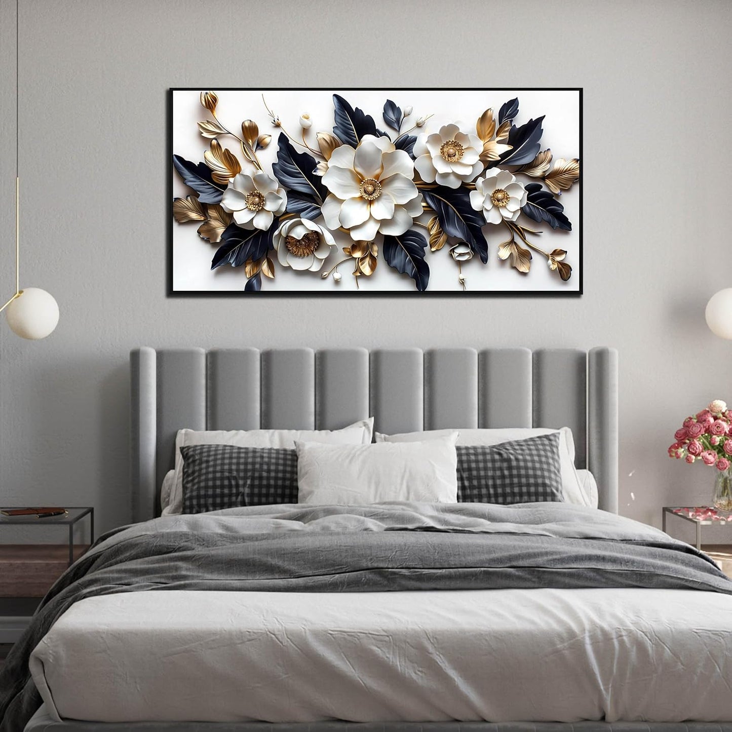 White Flowers Wall Art for Bedroom - White and Gold Wall Art for Office - Framed Wall Art for Living Room Large Size 29" x 59"