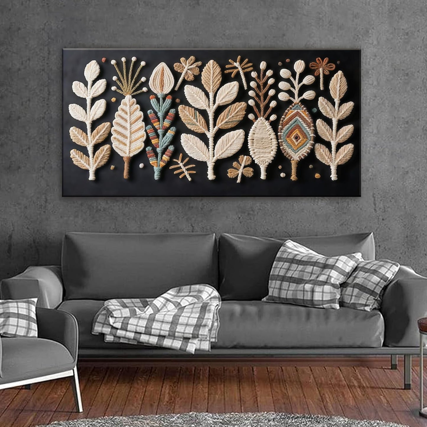 Boho Black Wall Art Chic Home Wall Art Modern Multicolor Leaves Feather Canvas Wall Art Decor For Living Room Bedroom Apartment Kitchen 24"W X 48"L Ready To Hanging