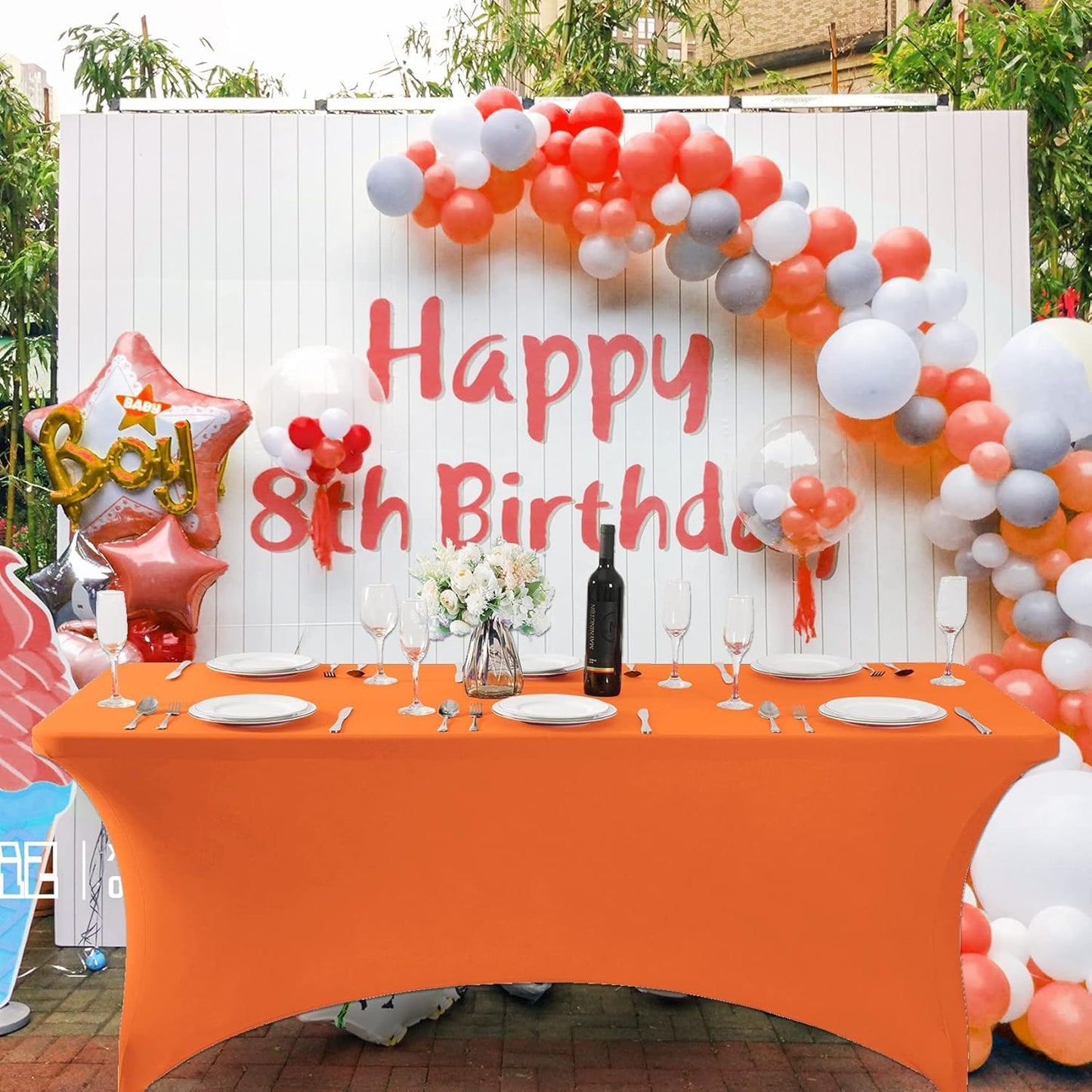 SuperO Waterproof Spandex Table Cover for 8FT Table Universal Fitted Stretch Tablecloth for Party, Banquet, Wedding and Events-Orange