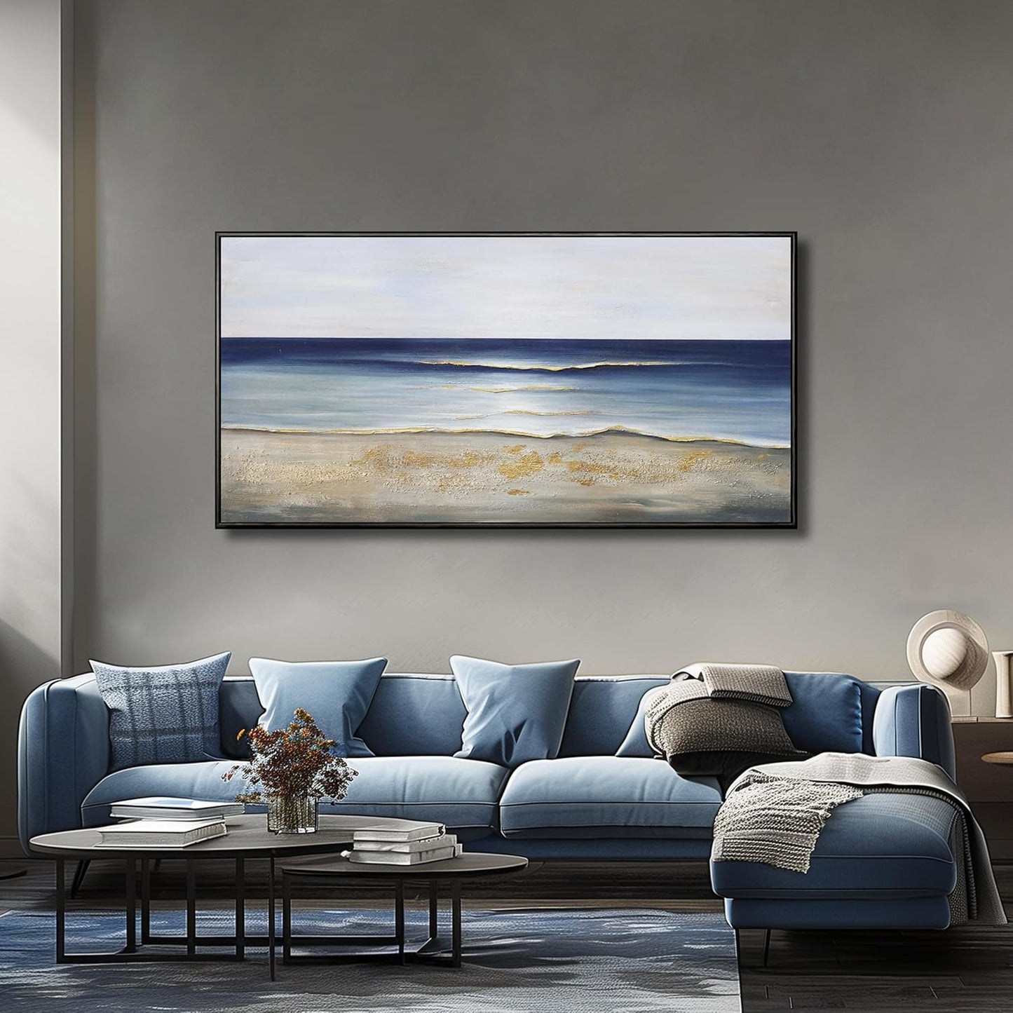 Yuaxker Ocean Wall Art Blue Wall Decor Trendy Framed Canvas Painting Modern Unique Artwork for Living Room Bedroom Dining Room Office Home Decor 20x40 Inch