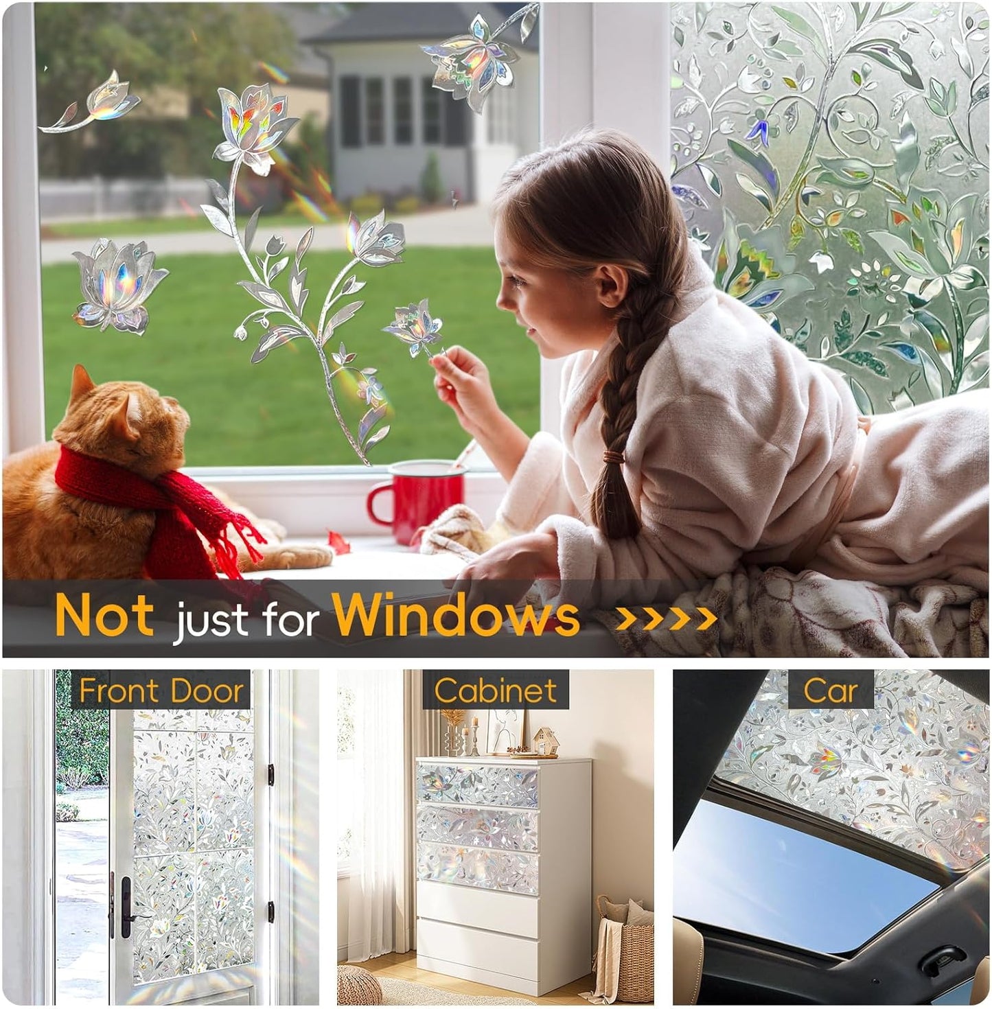 Rainbow Window Privacy Film Decorative, Stained Glass Window Tint for Home, 3D Decals Window Clings for Glass Windows, Static Cling Window Sticker, Suncatcher Window Cover,23.6" by 78.74"