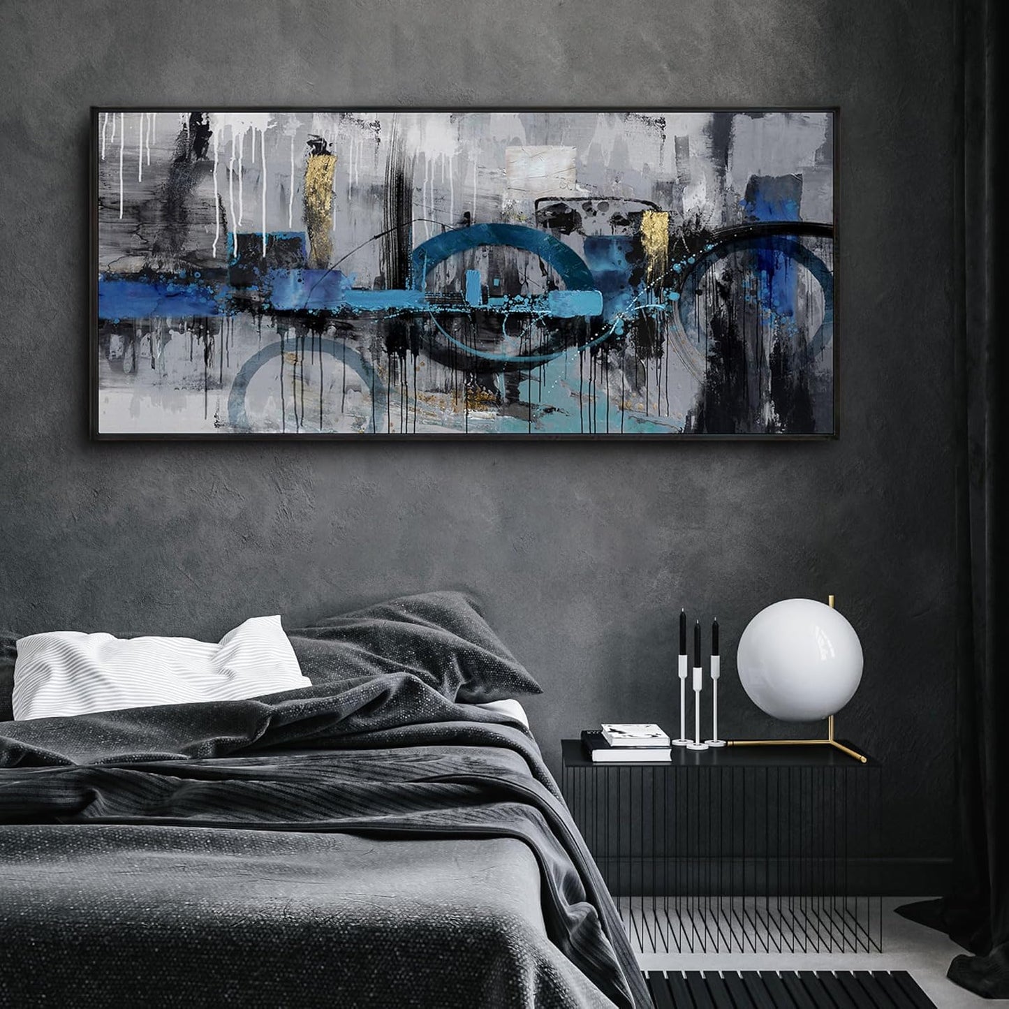 KLAKLA Large Abstract Wall Art Canvas - Blue and Gray Lnk Style Gold City Scenes Wall Decor Living Room Bedroom Decoration Black Frame Picture Artwork for Wall Modern Landscape Wall Decor