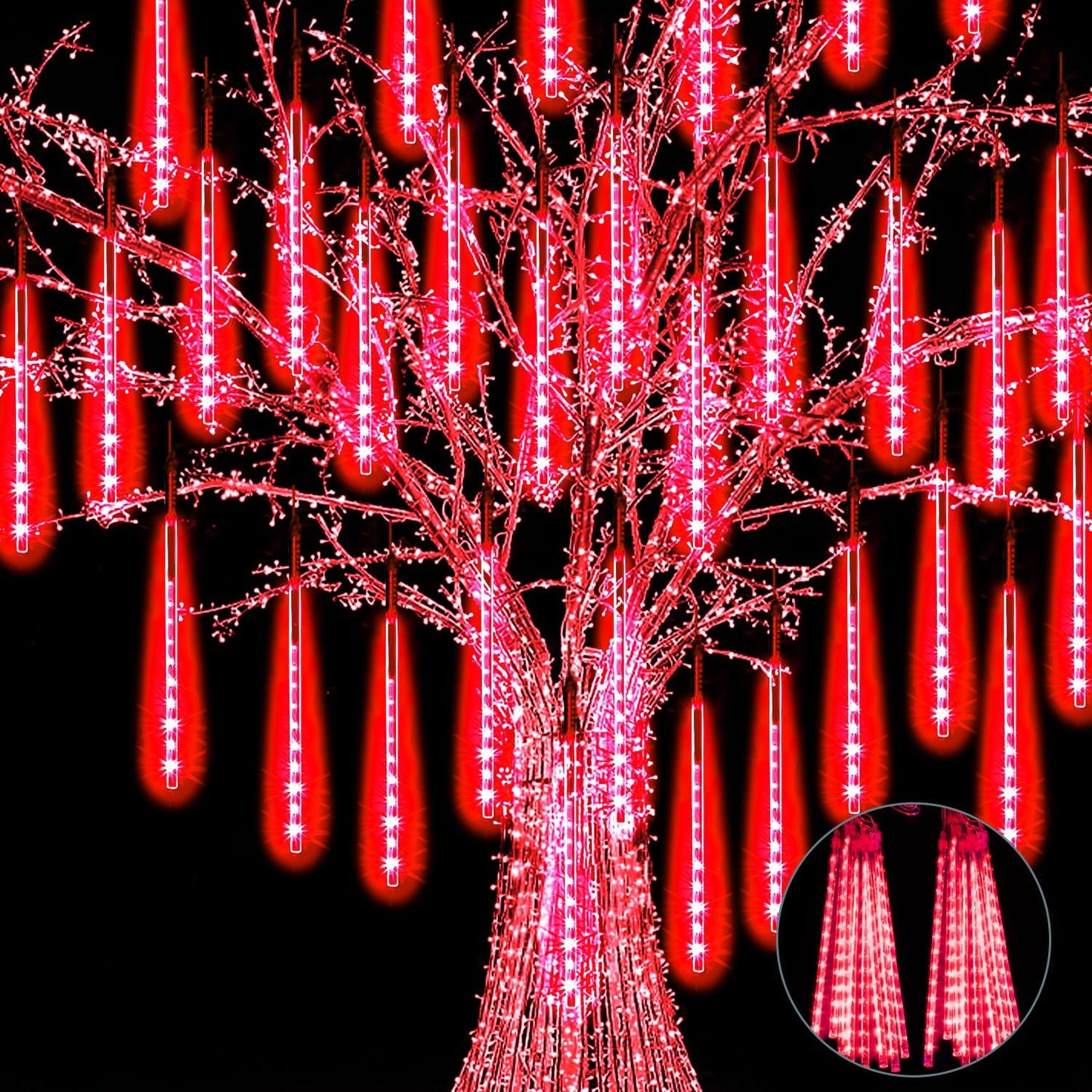 【2 Pack】 Christmas Lights Meteor Shower Rain Lights 12inch, Totally 20 Tube 480 LEDs Icicle Lights Outdoor Raindrop Lights for Xmas Halloween Wedding Party Tree Holiday Decoration, Red