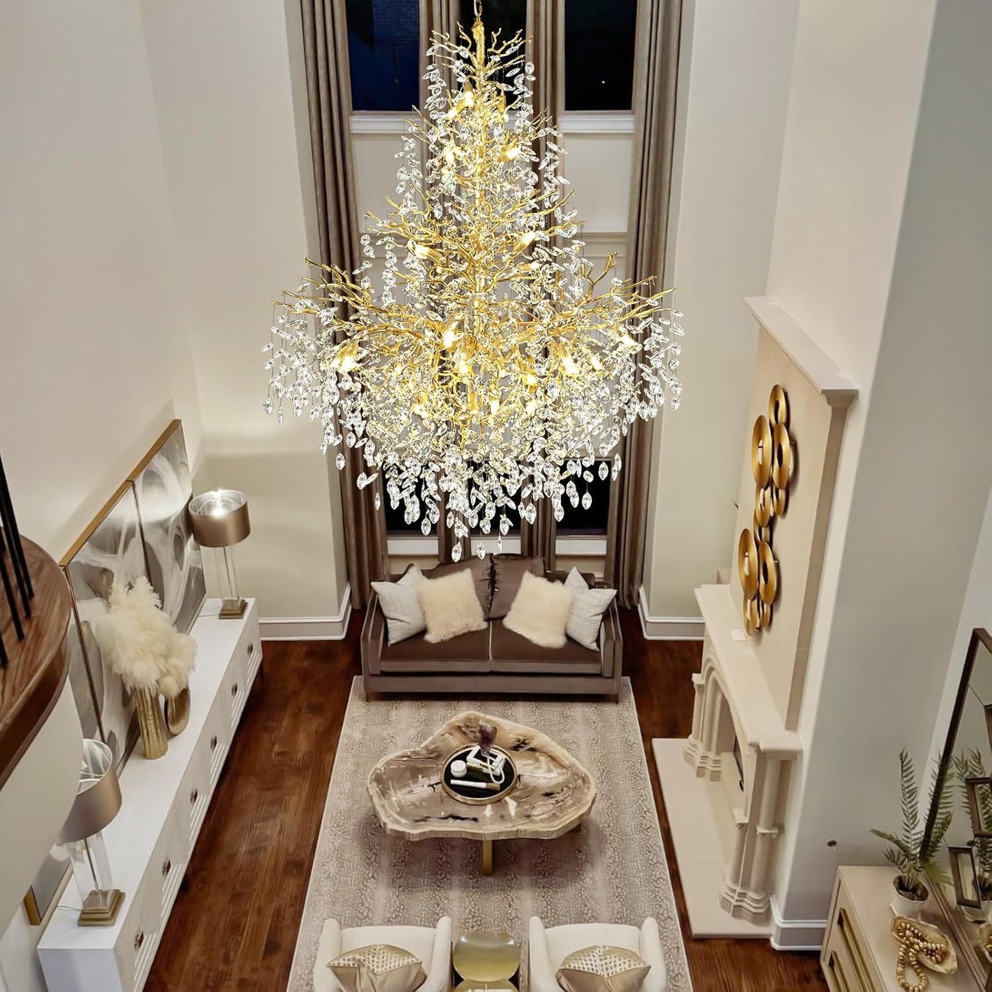 H65'' Gold Tree Branch Crystal High Ceilings Chandeliers, 27-Lights Modern K9 Crystal Staircase Chandeliers, D48'' Foyer Chandelier for High Ceiling, Luxury Large Living Room Chandelier