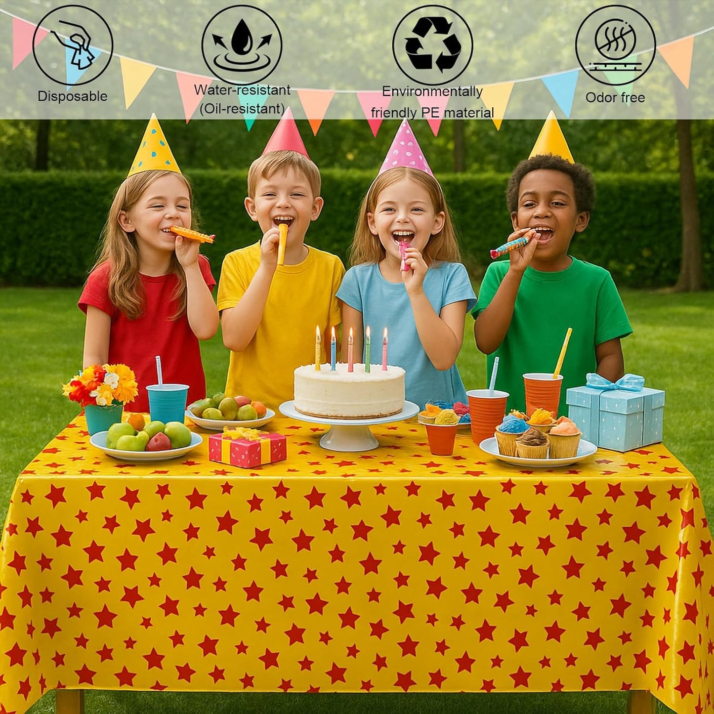 iCius Anime Theme Tablecloths 3-Pack Yellow and Red Stars Print 108"x54" - Disposable Table Covers for Cosplay Birthdays, Vedio Game Themed Party Decor Supplies