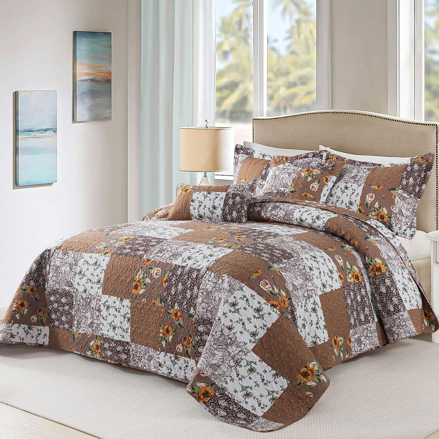 VAPUTAR King Size Quilt Set, Farmhouse King Quilt Bedding Set with Floral Plaid Pattern, Soft and Breathable Coverlet Set, Lightweight Reversible Bedspread Coverlet Suitable for All Season.