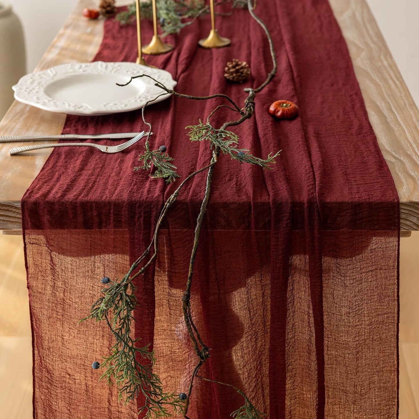 6pcs Burgundy Cheesecloth Table Runner Gauze 120 Inch 10 FT Rustic Boho Cheese Cloth Runner for Wedding Baby Shower Bridal Shower Engagement Birthday Party Long Sheer Home Decorations