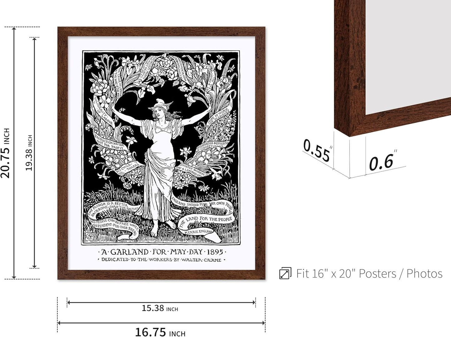 Poster Master Vintage Walter Crane Poster - Retro A Garland for May Day Print - Socialist Art - Gift for Him, Her, Men, Women - Wall Decor for Home, Office, Living Room, 16x20 Brown Framed