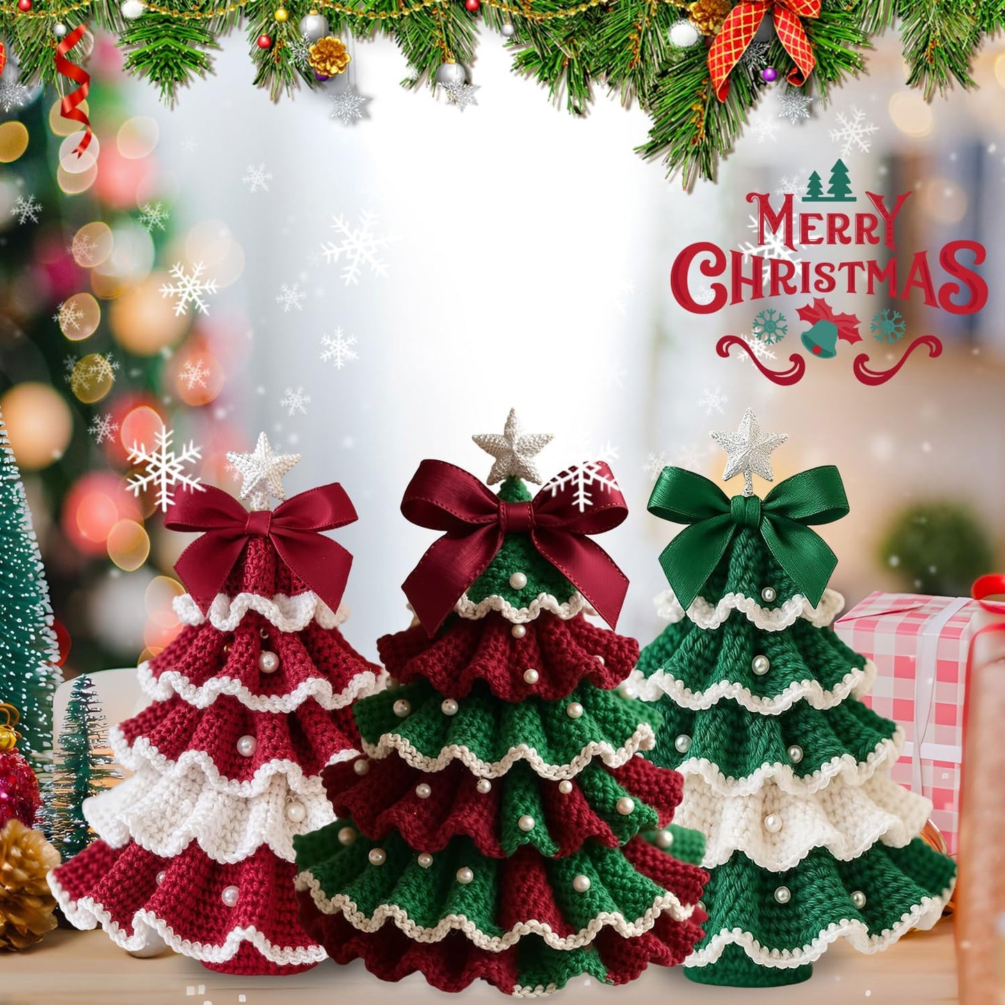 SHANGFEI DIY Crochet Christmas Tree Kit,Handmade Crochet Christmas Tree,Tree Bow Pearl Embellishment,Beginner Christmas Crochet Kit,Christmas Craft Kit(Red+Green)