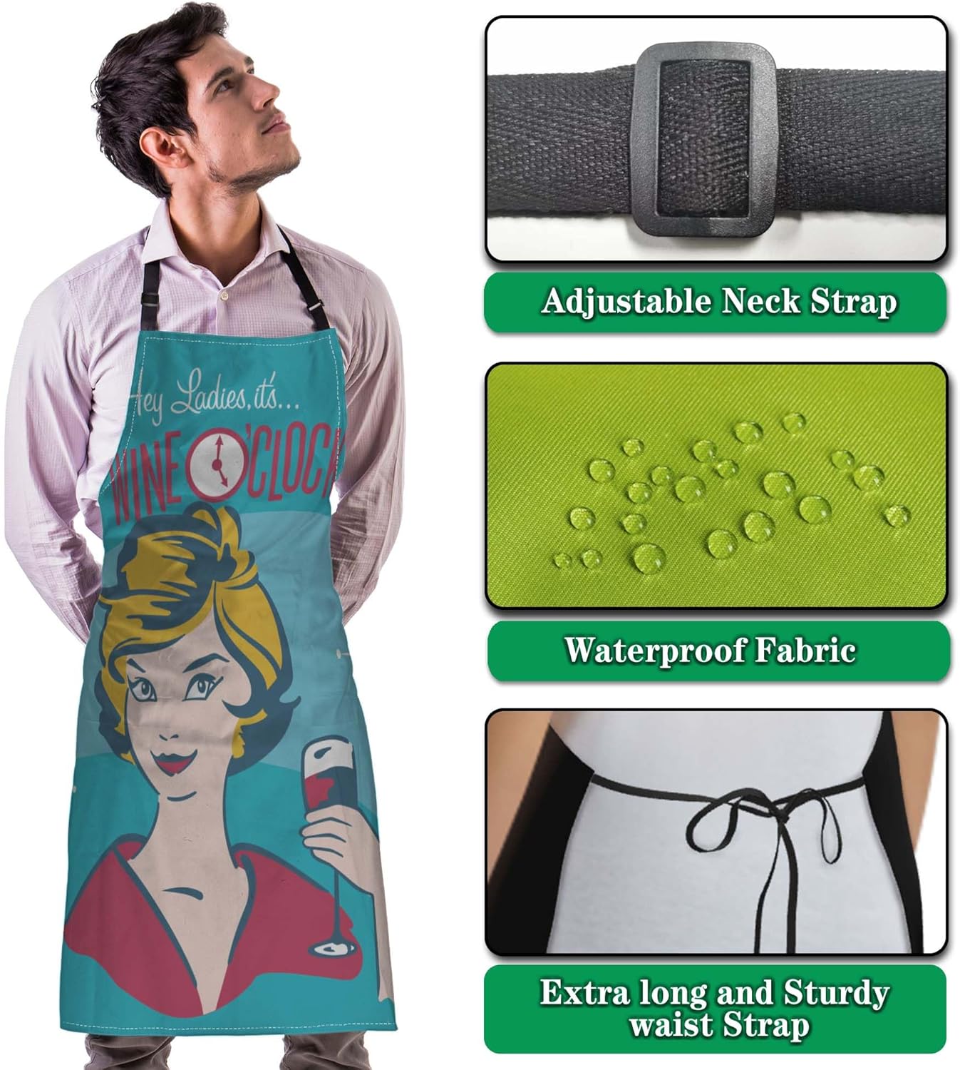 Kiss the Cook Apron Men Wine O’clock Funny Aprons for Women for Cooking Restaurant BBQ Painting Crafting Gardening 27” (W) x 31” (H), Waterproof Aprons