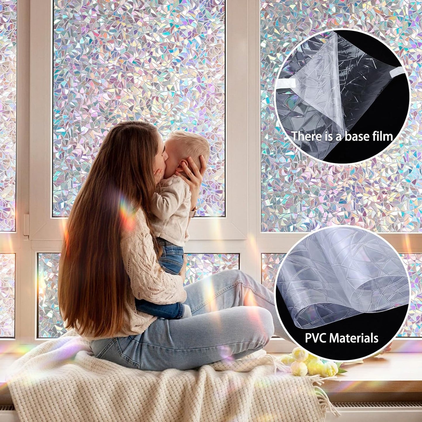 Rainbow Window Privacy Film 3D Decorative Stained Glass Window Film Anti UV Non-Adhesive Reusable 17.5" x 78.7" for Home Room Car Glass Cling