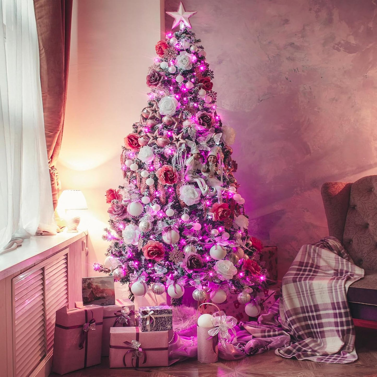 JMEXSUSS 33ft 100 LED Pink String Lights Battery Operated, Pink Fairy Twinkle Lights with 8 Modes Remote Indoor Outdoor for Bedroom Christmas Party Tree Decorations