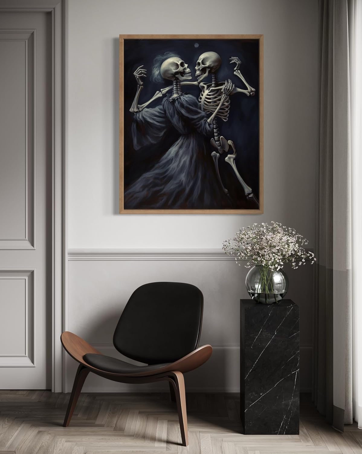 Dancing Skeleton Poster Art Print, Halloween Scary Vintage Wall Art Academia Spooky Painting Decoration for Horror Prints, Gothic Posters Bedroom Decor 89 (Dancing Skeleton, 11 x 14 inches, Wood Frame)