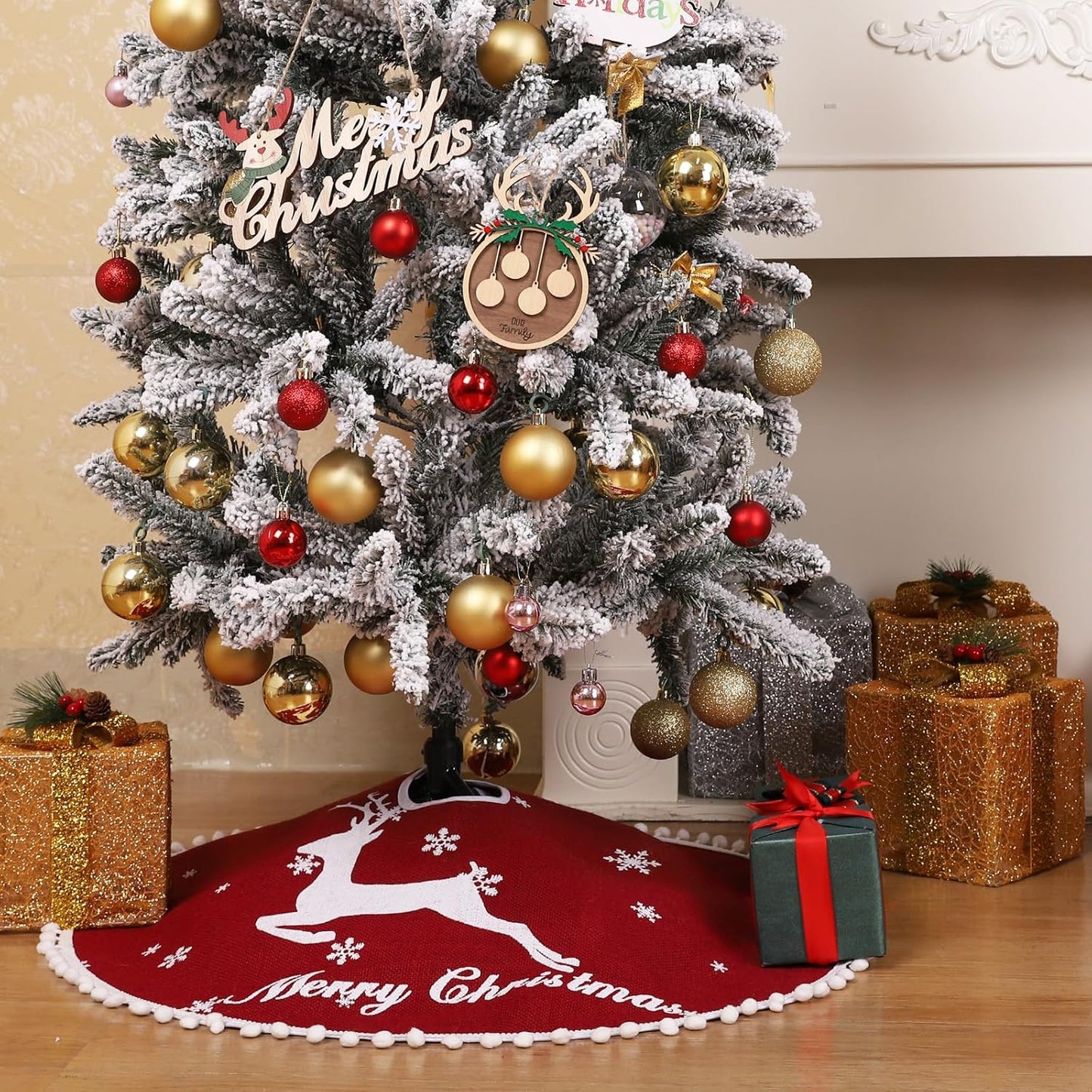 30 Inch Christmas Tree Skirt, Burlap Red Christmas Rustic Tree Skirt with Elk Deer and White Snowflake Printed for Holiday Party Xmas Tree Decoration