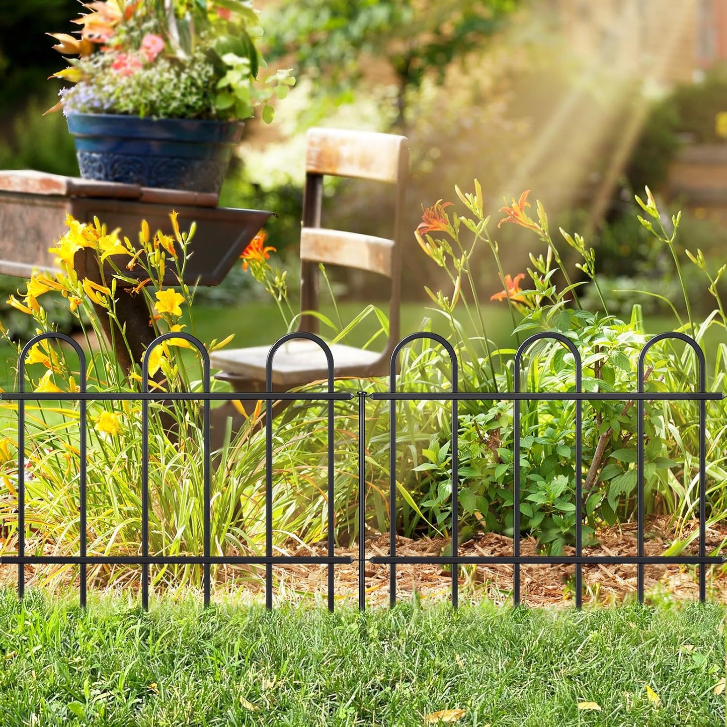 Metal Garden Fence 18 in H x 16 ft L, No dig Garden Border Yard Fencing, Dog Fence Outdoor Temporary Animal Barrier for Flower Bed Lawn and Patio, 8 Panels + 9 Stakes Black