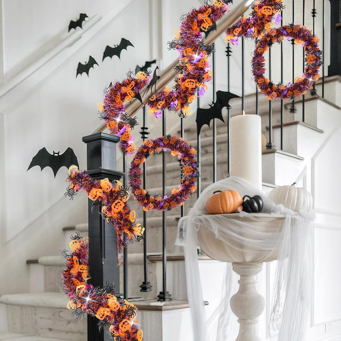 33 FT Halloween Tinsel Garland Decorations,Orange Purple Black Halloween Garland with Pumpkins, Bat, Spider Shiny Metallic Garlands for Indoor Outdoor Decorations