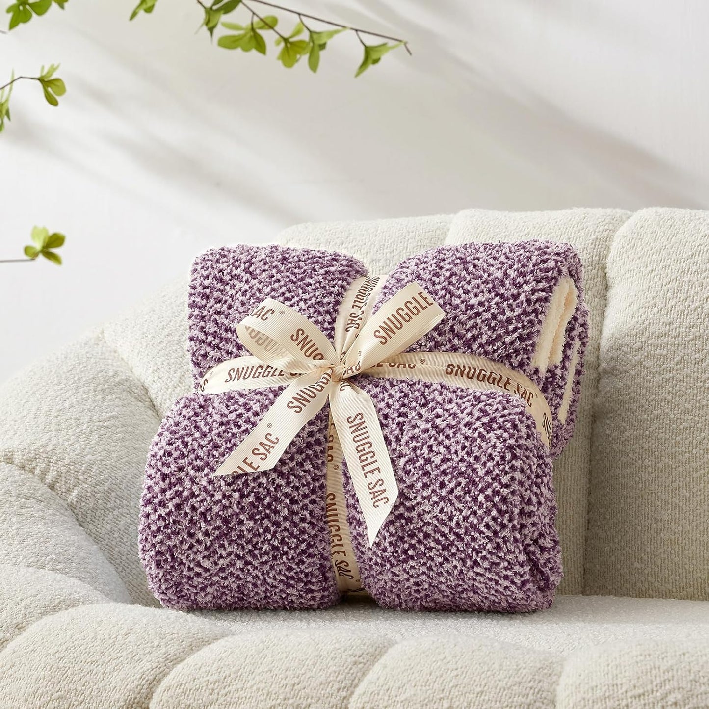 Snuggle Sac Purple Reversible Super Soft Blanket Twin Size for Bed and Sofa, Warm Cozy Knit Blankets Fuzzy Plush, Heather Purple, 60x80 inches