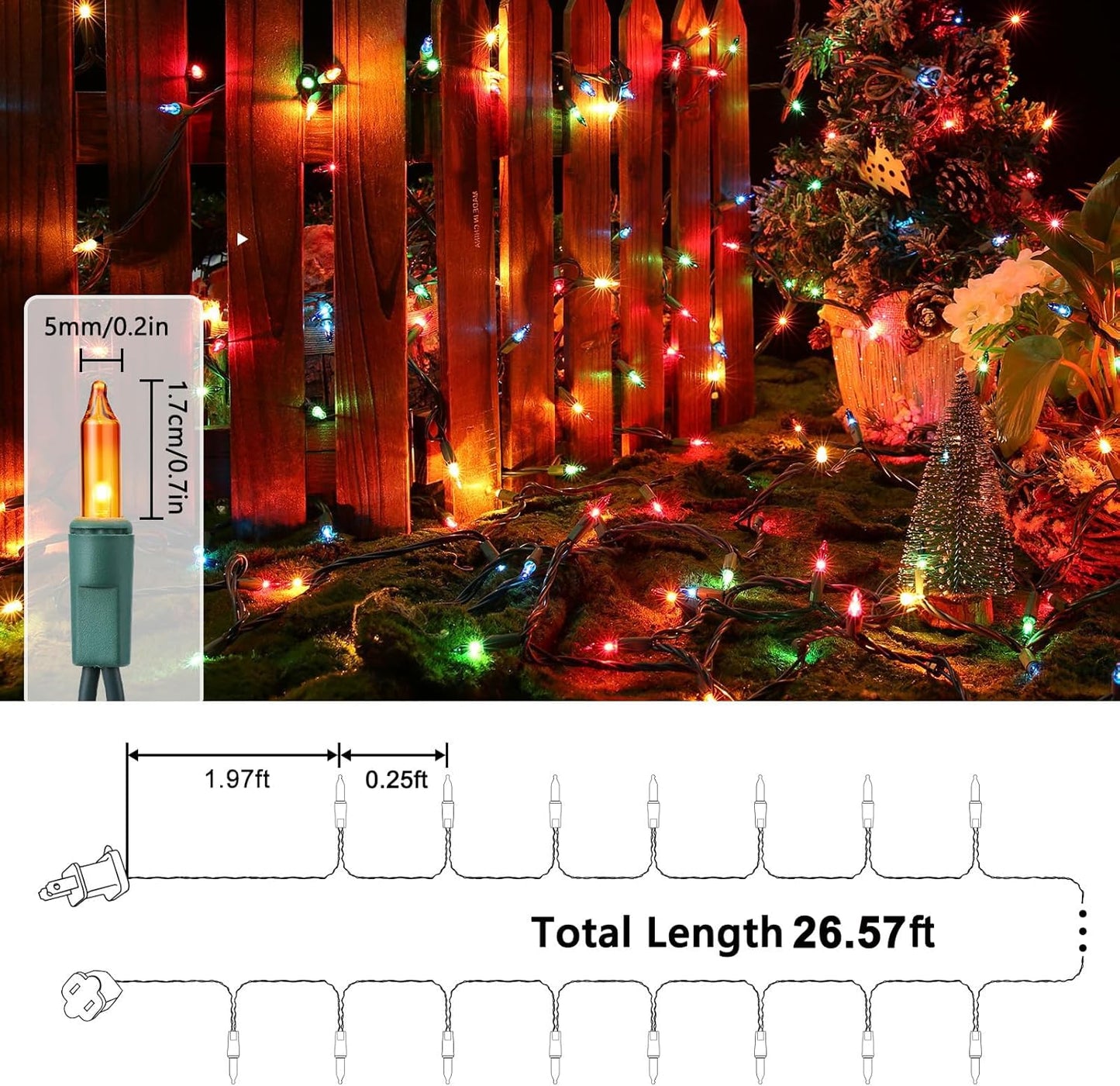 Toodour Multicolor Christmas Lights, 25ft 100 Count Incandescent Christmas String Lights, UL Certified Connectable Green Wire Xmas Lights for Tree, Holiday, Party, New Year, Indoor Xmas Decorations