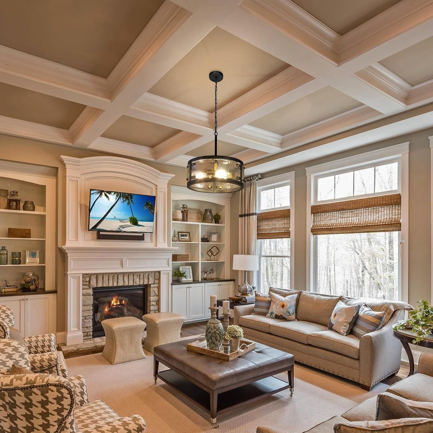 13" Industrial Drum Glass Chandelier, 3-Light Rustic Hanging Pendant Lights, Metal Round Lighting Fixture for Dining Room Foyer Entryway Hallway Bedroom, Clear Waterglass Drum Shade