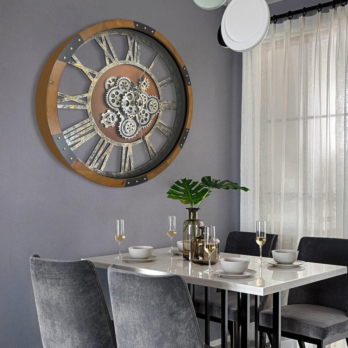 DORBOKER 24" Original Moving Gears Wall Clock, Large Industrial Wall Clock for Living Room Decor, Retro Wood Vintage Farmhouse Steampunk Rustic Clocks for Wall Decor,Brown Nanmu