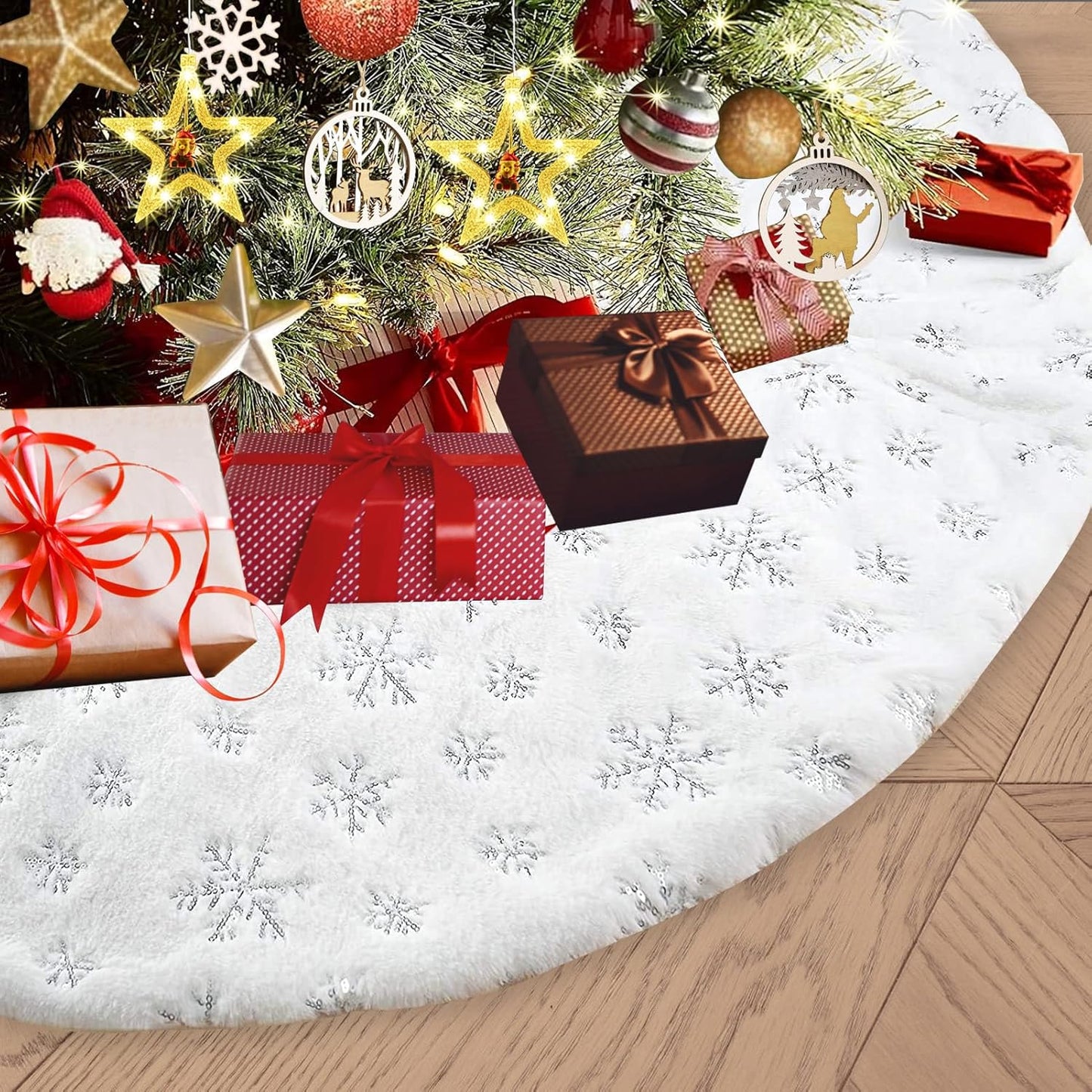 30inch White Christmas Tree Skirt Tree Carpet Blanket, Soft 2.5ft Xmas Christmas Tree Blanket with Silver Snowflake White Faux Fur Carpet for Christmas Holidays Decoration Party